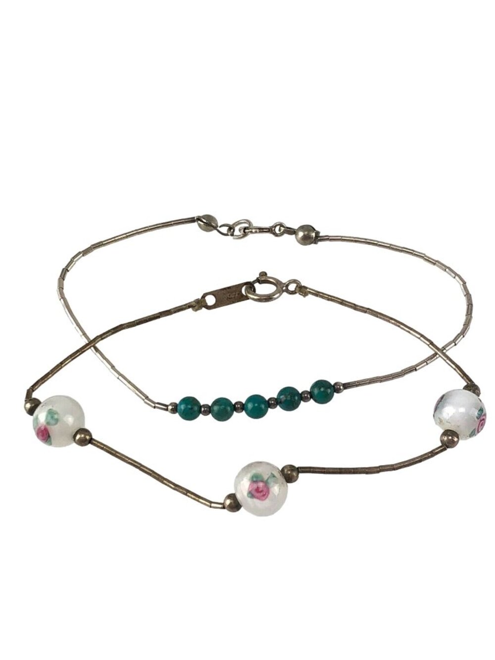 Sterling Silver 925 Beaded Bracelet Lot Jordan Pink Roses & Turquoise